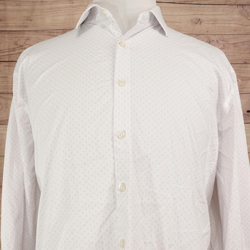 J. Ferrar Dress Shirt Mens 18.5 34/35 2XL Regular Fit White Polka Dot Stretch